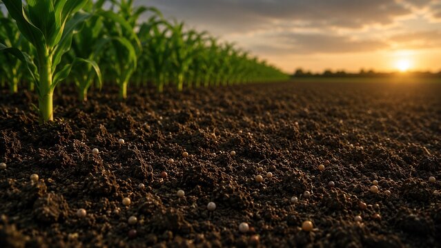 Fresh fertile soil with fertilizer granules and young corn plants at golden sunset, agricultural growth and sustainable farming concept, rich earth texture with cinematic rural landscape