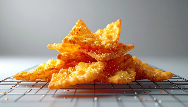 Golden crispy fried dough pastries dusted with sugar, stacked on a cooling rack with a light grey background, appealing dessert or snack food