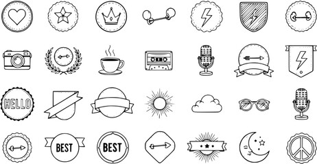 Fototapeta premium Hand-drawn Doodle Icons Set: Badges, Labels, Retro Tech, Nature, and Fitness Symbols Collection