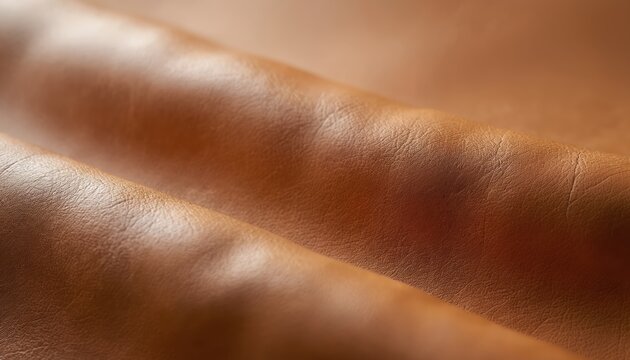 Close up of tan leather folds showing detailed grain and stitching. Smooth material folds create abstract background with soft light. Natural surface texture is visible.