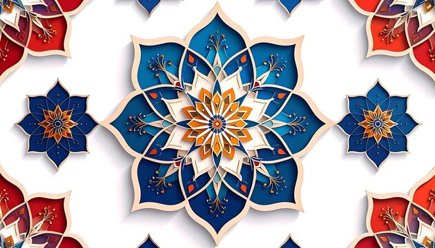 Intricate floral mandala pattern in blue and red, decorative ethnic ornament, detailed mosaic element with 3d effect
