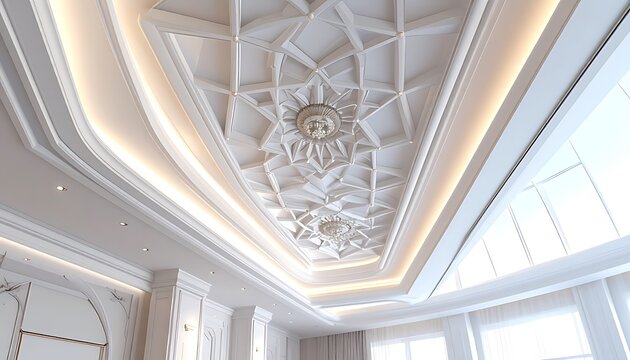 Intricate geometric patterned ceiling with recessed lighting and crystal chandelier, luxurious interior design detail, opulent architecture
