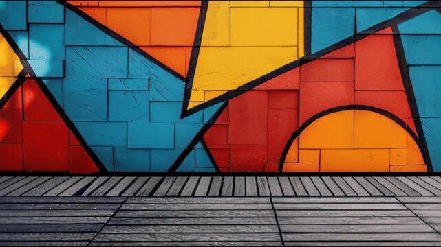 Abstract Mural with a Modern Touch: An eye-catching abstract mural showcasing a vibrant interplay of colors and geometric shapes against the backdrop of an urban landscape.