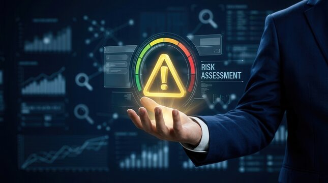 A professional holding a digital yellow warning icon within a risk assessment monitoring system.