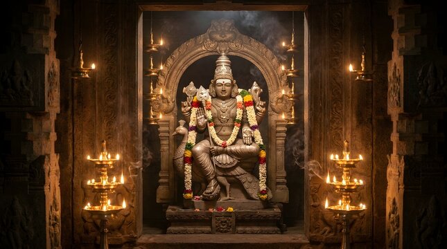 Sacred Subrahmanya Deity Statue Inside Traditional Temple