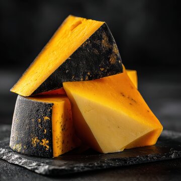 Vibrant golden cheese wedge arrangement on dark background
