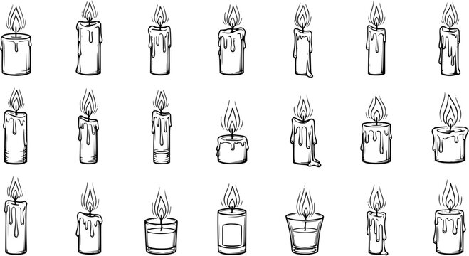 Collection of hand-drawn burning candles. Various shapes and styles, with flickering flames and melting wax. Detailed black and white line art sketches for different uses.