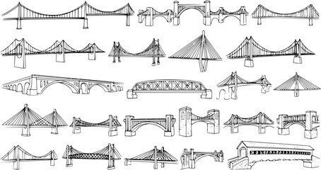Detailed hand-drawn sketches illustrating a diverse collection of bridge types, including suspension, arch, truss, and cable-stayed designs, perfect for engineering or architectural themes. © arulumia