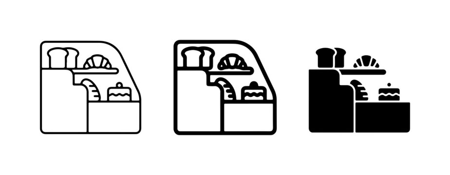 Bakery Display Case Icons, Pastry Shop Showcase Vector Graphics