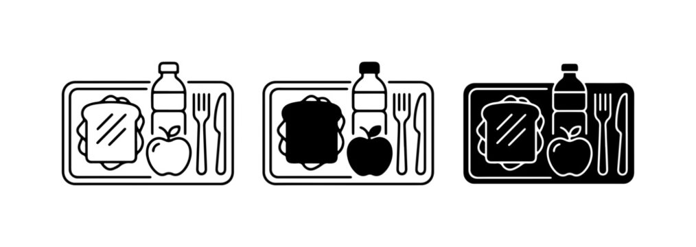 School Lunch Tray Icons, Meal Set Vector Graphics