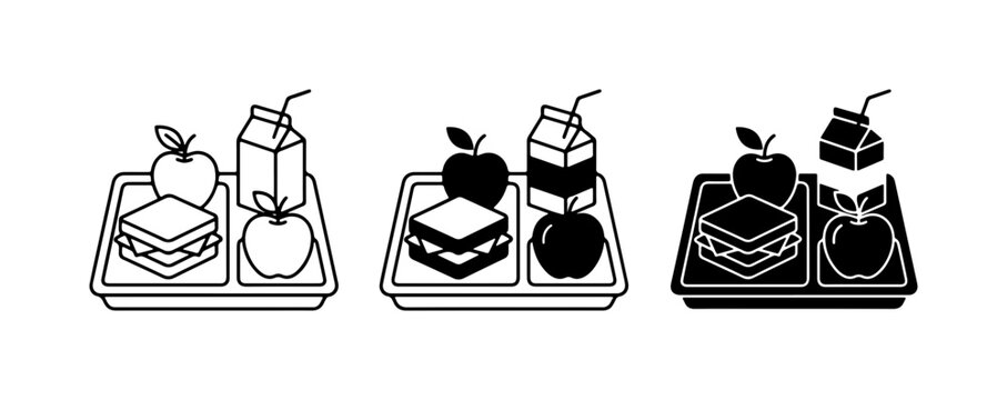 School Lunch Tray Icons: Sandwich, Apple, Milk Box, Set