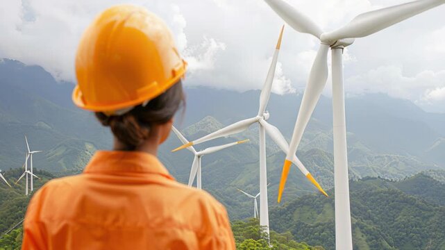 Wind Turbine Engineer: A determined engineer, clad in a protective orange uniform and hard hat, gazes out at a row of towering wind turbines, showcasing her dedication to sustainable energy. 