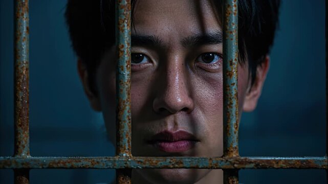 Behind Bars: A man stares intently through prison bars, his eyes conveying a mix of emotions and resilience, the steel a stark contrast to his contemplative gaze.