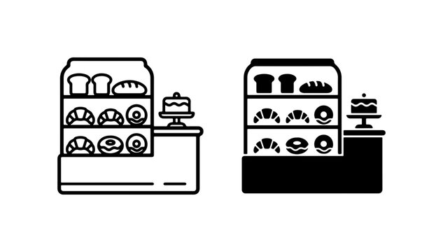 Bakery Display Case Icons: Pastries, Bread, Cakes, Sweet Treats