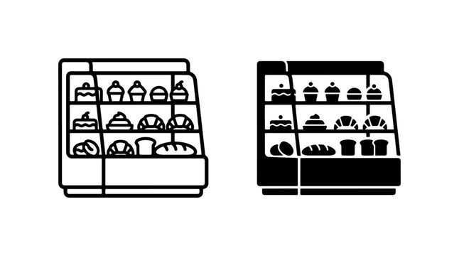 Bakery Display Case Icons, Pastry Showcase Vector Graphics, Sweet Treats Collection