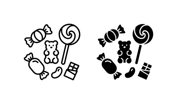 Sweet Candy Icons, Gummy Bears, Lollipops, Chocolate Bars, Jelly Beans
