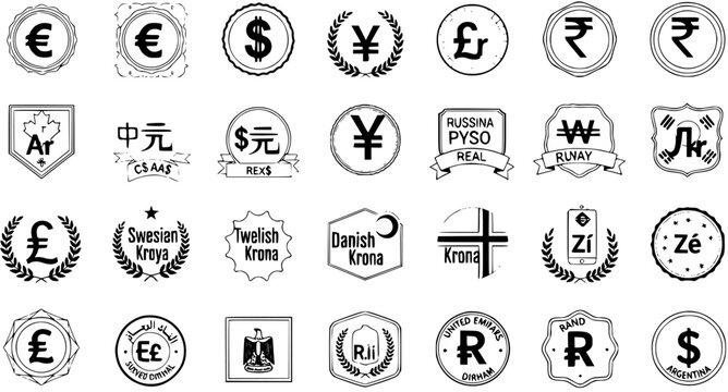 Collection of 35 diverse international currency symbols and icons, featuring various global money representations for finance, banking, and economic themes.