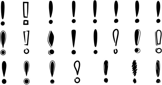 Set of diverse exclamation mark vector icons. Collection of hand-drawn and stylized black exclamation point symbols for attention, warning, surprise, and importance.