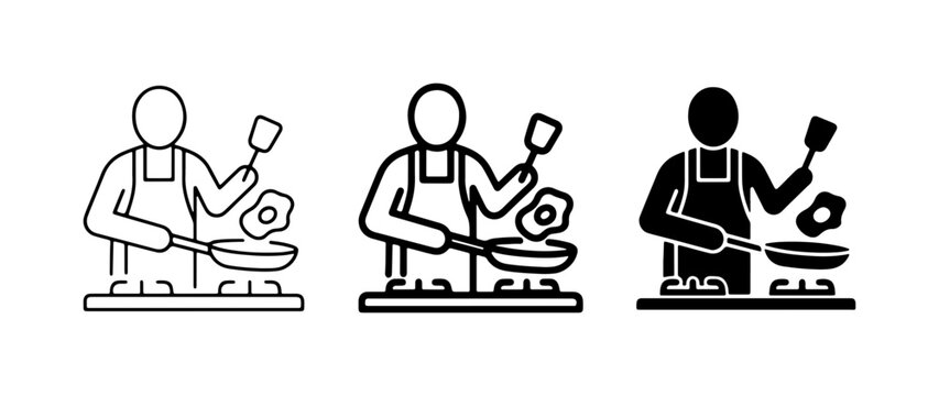 Cooking Icons: Chef Frying Eggs, Kitchen Activity, Food Preparation Vector Set