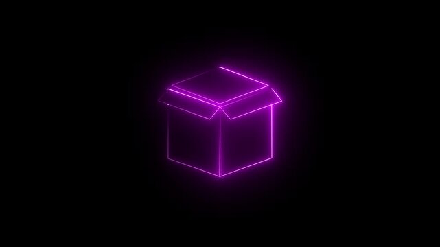 Pink color neon open gift box icon animation on black background. 