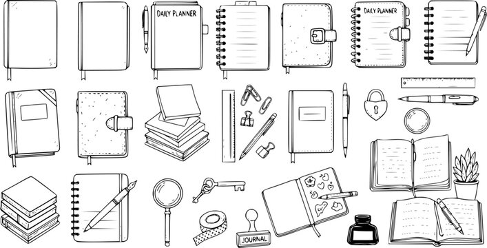 Hand-drawn doodle set of journaling and planning stationery items, including notebooks, planners, pens, and accessories on a white background.