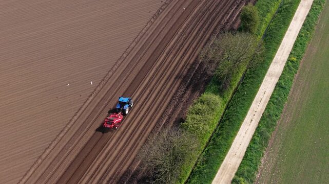 Aerial view of a blue tractor pulling a red planter across a freshly tilled brown field next to a green hedge and dirt path in Knottingley, England, United Kingdom.