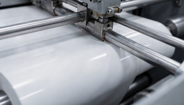 Closeup of thermal paper coating machine applying heatsensitive layer on receipt paper highlighting precise layering and smooth finish during production.