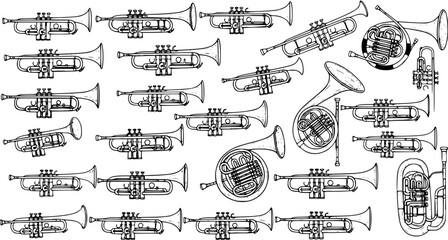 Brass Instruments Seamless Pattern: Trumpet, French Horn, Trombone and Tuba © arulumia