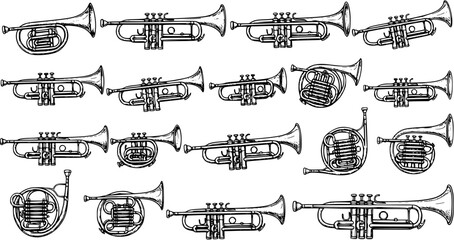 Seamless pattern with hand-drawn brass musical instruments: various trumpets and French horns in a black and white sketch style. Ideal for music-themed backgrounds and designs. © arulumia