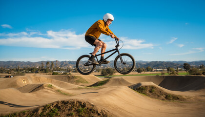 Naklejka premium Skillful cyclist performing an impressive aerial trick on a BMX bike at a dirt pump track course under a clear blue sky during a sunny day capturing extreme outdoor sports action