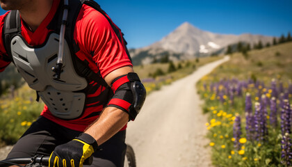 Obraz premium Close up view of a mountain biker wearing professional body armor and protective gear while riding on a scenic trail with a mountain peak and wildflowers in the background