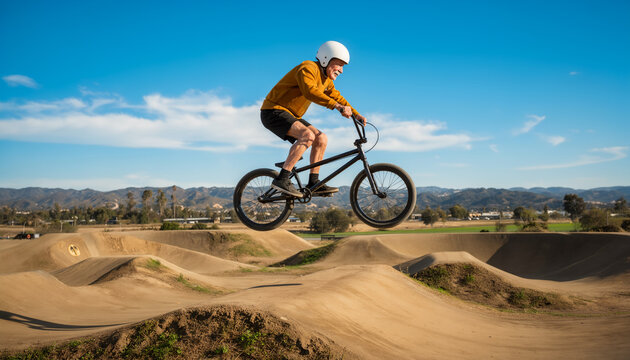 Skillful cyclist performing an impressive aerial trick on a BMX bike at a dirt pump track course under a clear blue sky during a sunny day capturing extreme outdoor sports action