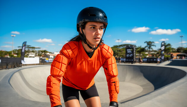 Portrait of a young female athlete wearing a bright orange protective padded suit and a black helmet while preparing for an extreme sport session at a concrete skatepark bowl outdoors