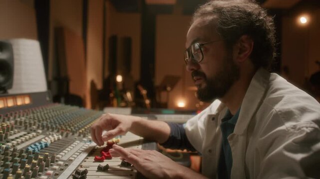 Experienced sound engineer adjusting controls on audio mixing desk and monitoring digital recording software in professional music production studio