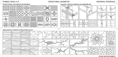 Fototapeta premium Comprehensive vector asset collection featuring architectural structures, geometric patterns, material interfaces, geological strata, and realistic fracture textures for creative design projects