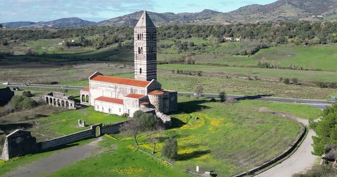 The Basilica della Santissima Trinita  di Saccargia (Basilica of the Holy Trinity), a romanesque church in northern Sardinia, Italy. Entirely built with local black basalt and limestone.