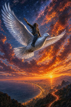 Dusty earth circles the sun beneath wandering feet while inner fire lights a figure cutting through the night sky, rising on wings above dark clouds tonight under cold steel blade.