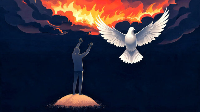 Dusty earth circles the sun beneath wandering feet while inner fire lights a figure cutting through the night sky, rising on wings above dark clouds tonight under cold steel blade.