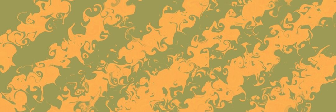 Diagonal striped ornate pattern in orange and green with intricate scrollwork and white tab on black background.