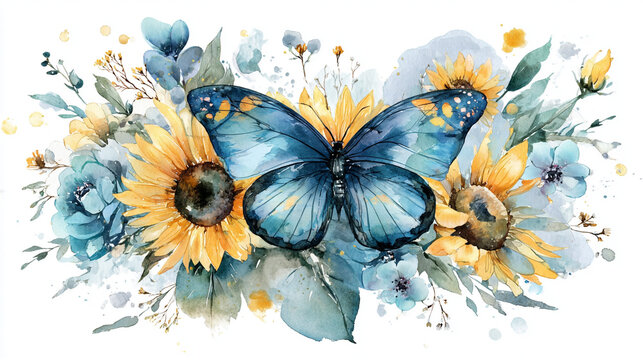 watercolor botanical butterfly and flowers texture template background.Elegant wedding invitation card background . Minimal hand painted Design for wedding or Valentine's Day
