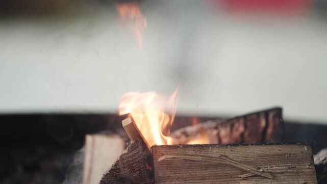 Burning Firewood with Flames and Smoke in Outdoor Setting
