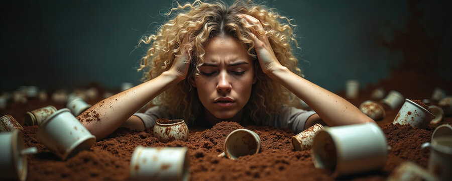 Woman with hands on head suffers from intense headache migraine. Surrounded by scattered coffee cups, brown powder, suggesting caffeine overconsumption sleeplessness. Exhausted lady struggles with