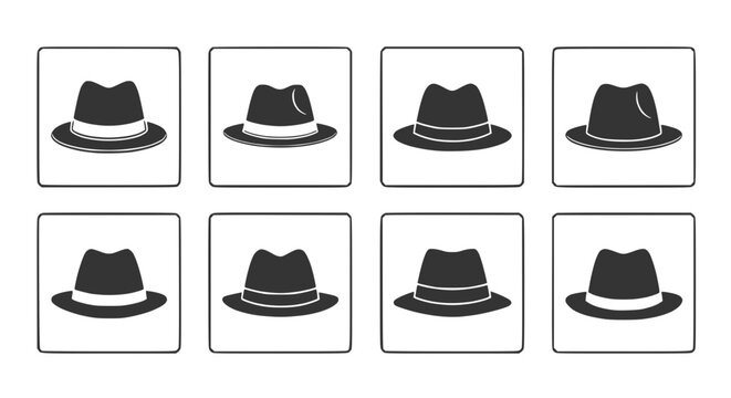 Set of fedora hat icons, vintage style, black and white graphic
