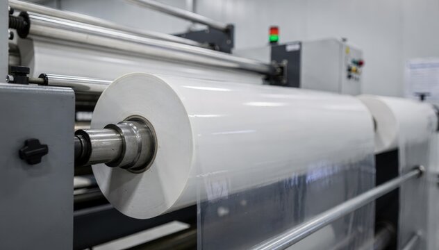 Medium shot capturing the precision application of silicone release liners on paper rolls for label backings during production in a controlled atmosphere.