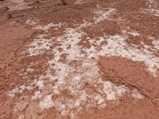 white salt deposits spreading across dry, reddish desert soil In arid environments © Oualid