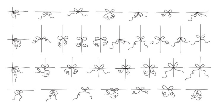 Romantic hand drawn wedding bow collection on white set. Cute whimsical ribbon doodle as delicate decorative string and line border. Simple romantic bow element for wedding invite or valentine card,