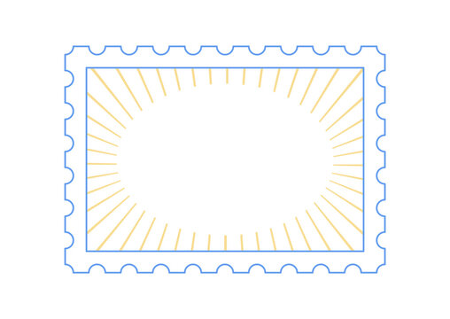 Whimsical french stamp frame with yellow and blue background. Rectangle border and card space form a cute linear icon. Ink line art suits invitation or cafe menu minimalist poster as retro graphic
