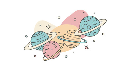 Stylized planets illustration with rings and abstract shapes on white background © derman