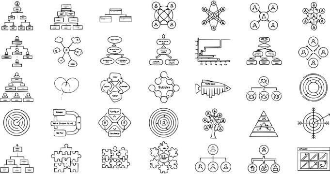 Hand-Drawn Icons of Business Charts, Diagrams, and Flowcharts for Presentations and Infographics