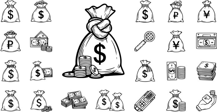 Hand-drawn Money  Finance Icon Set: Sketchy Bags of Cash, Coins, Dollar, Ruble, Yen Symbols, Stacks of Money, Briefcase, Magnifier. Economy and Business Doodle Vectors